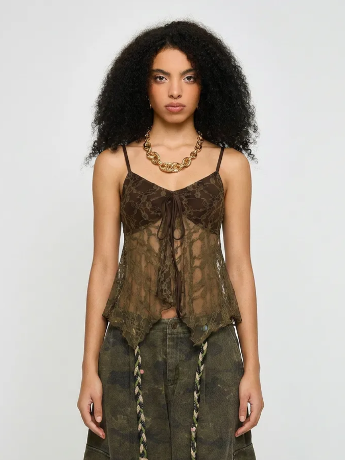 Brick Lane Lace Crochet Ruffled Cami Top - Coffee