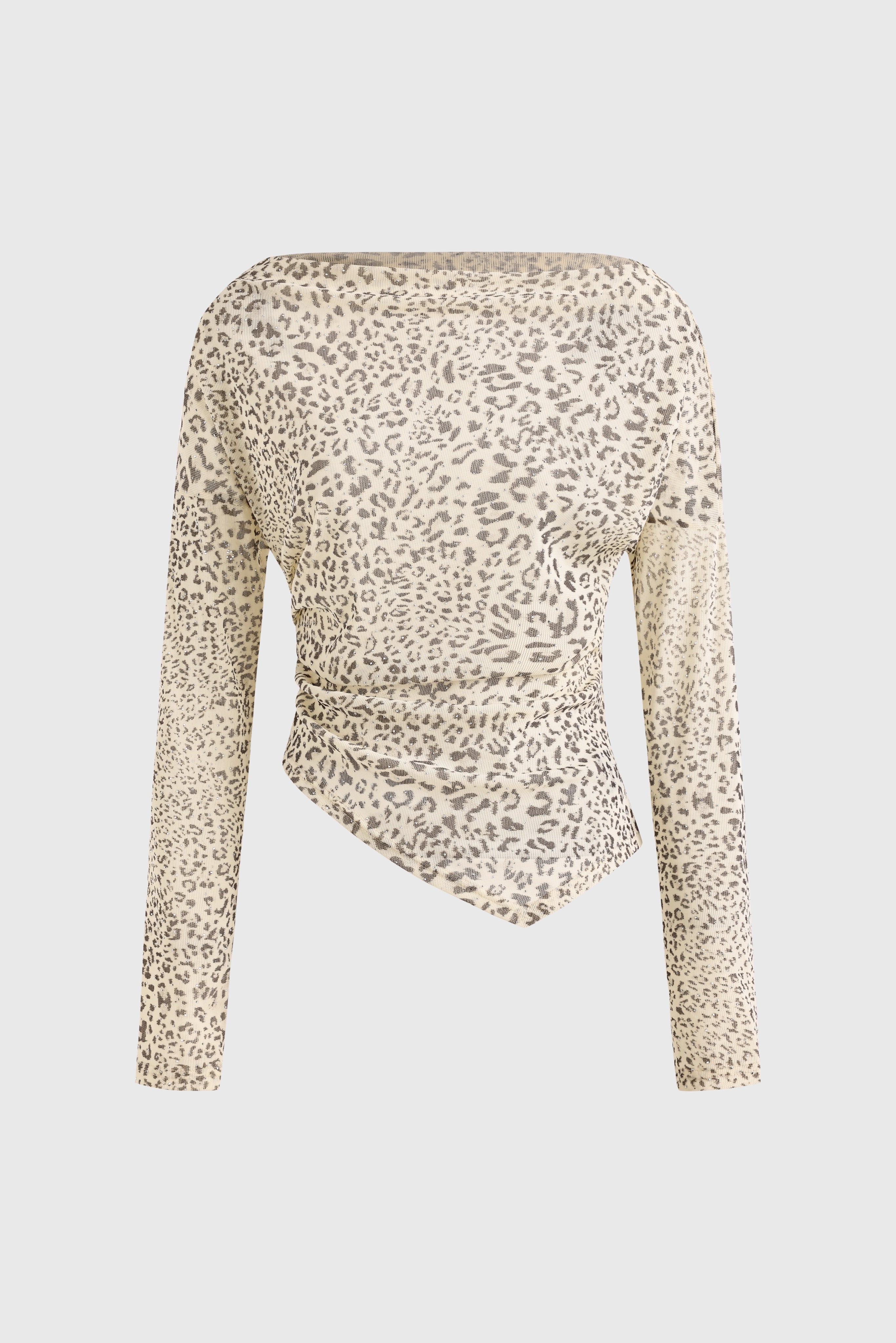 Brick Lane Asymmetric Rhinestone Leopard Top - Brown