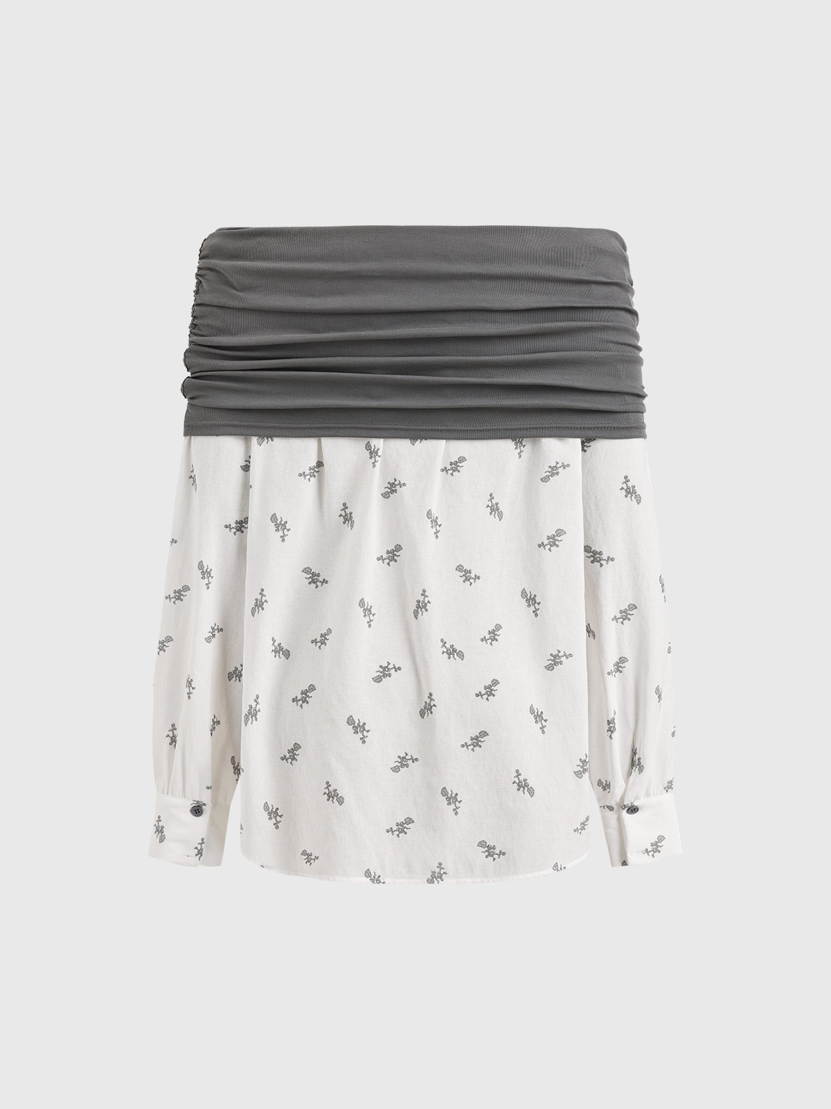 Dolled Office Off-shoulder Draped Patchwork Top - Charcoal/Cream