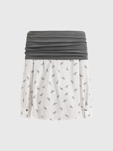 Dolled Office Off-shoulder Draped Patchwork Top - Charcoal/Cream