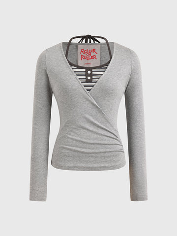 Dolled Office Skimming Stripe Contrast Trim Top - Grey