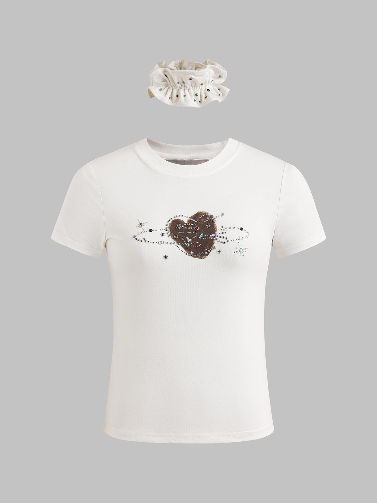 Brick Lane Skimming Rhinestone Heart Graphic Tee - White