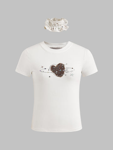Brick Lane Skimming Rhinestone Heart Graphic Tee - White