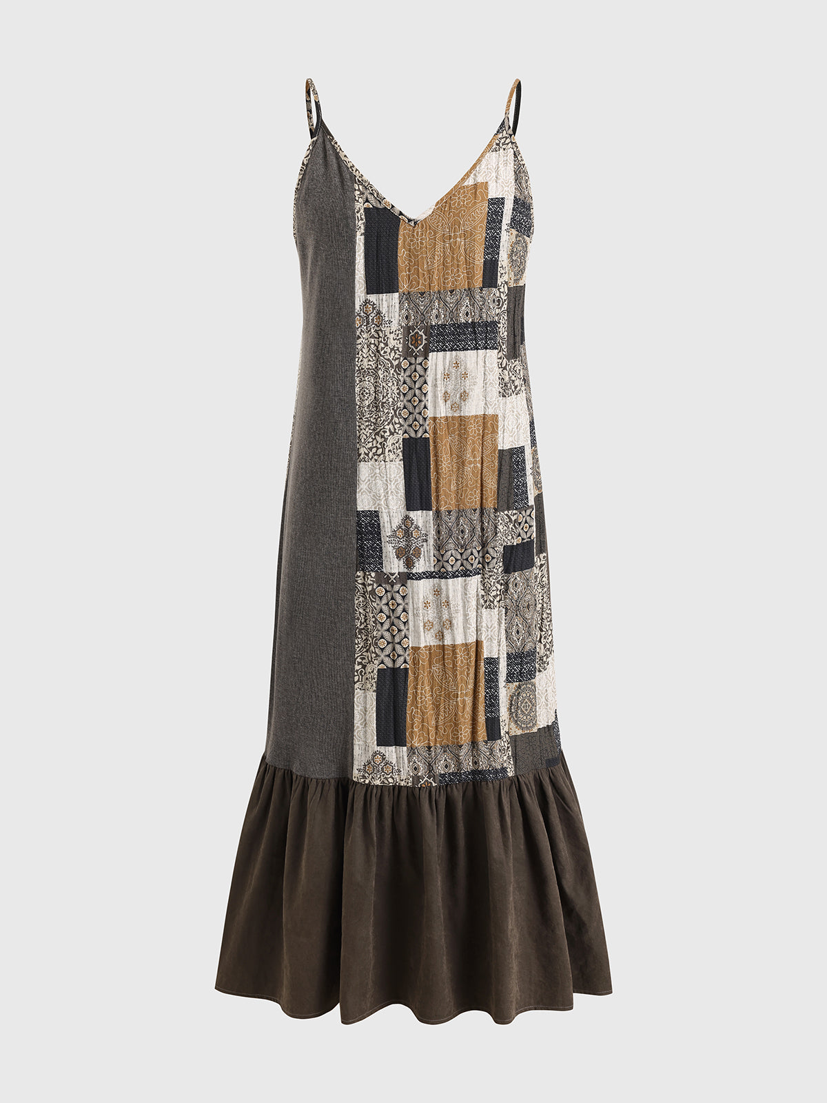 Brick Lane Ruffled Contrast Color Patchwork Dress - Brown/Multi