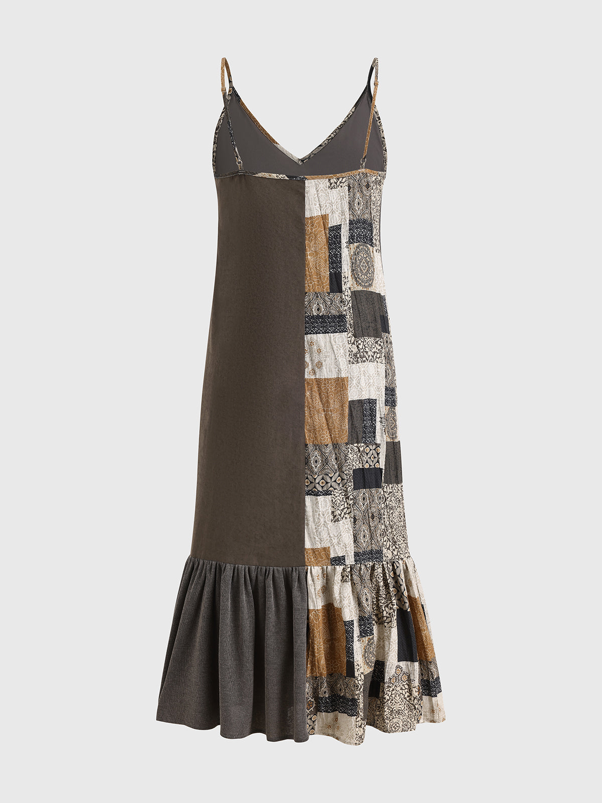 Brick Lane Ruffled Contrast Color Patchwork Dress - Brown/Multi