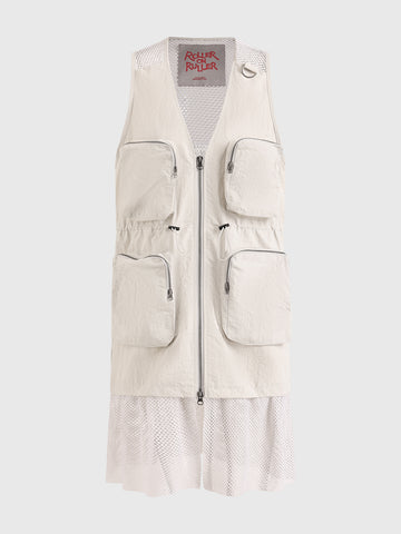 Brick Lane Layered-look Mesh Patchwork Utility Vest Dress - Apricot