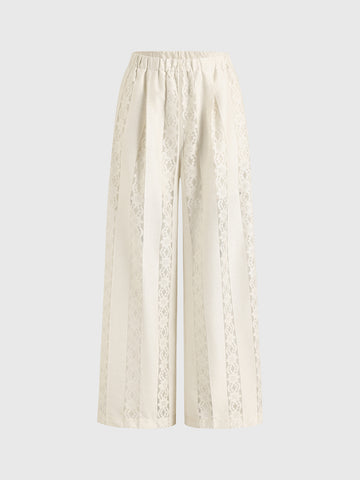Dolled Office Straight Lace Detailed Wide-leg Pants - Apricot