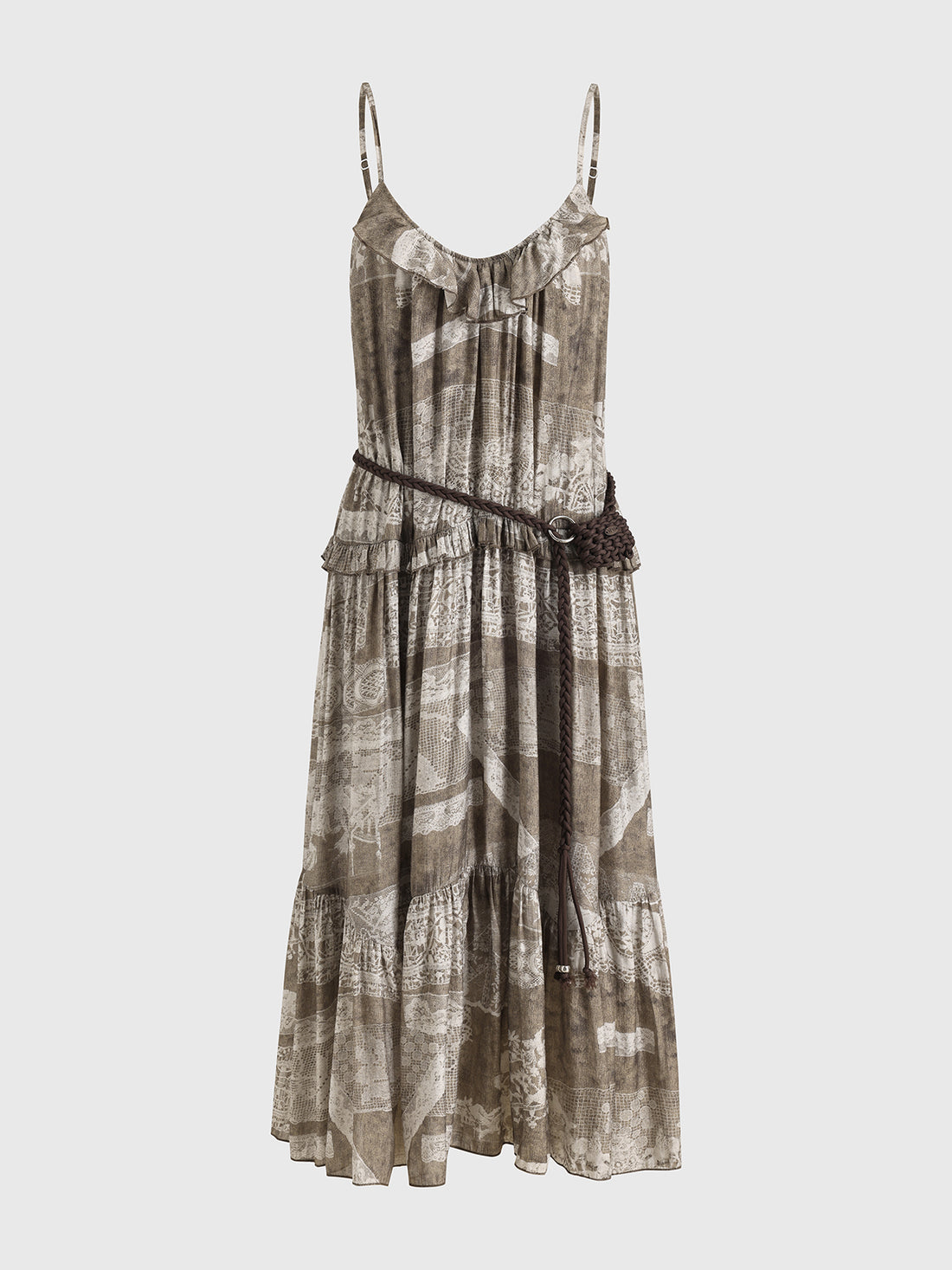 Dolled Office Draped Graphic Ruched Maxi Dress - Coffee