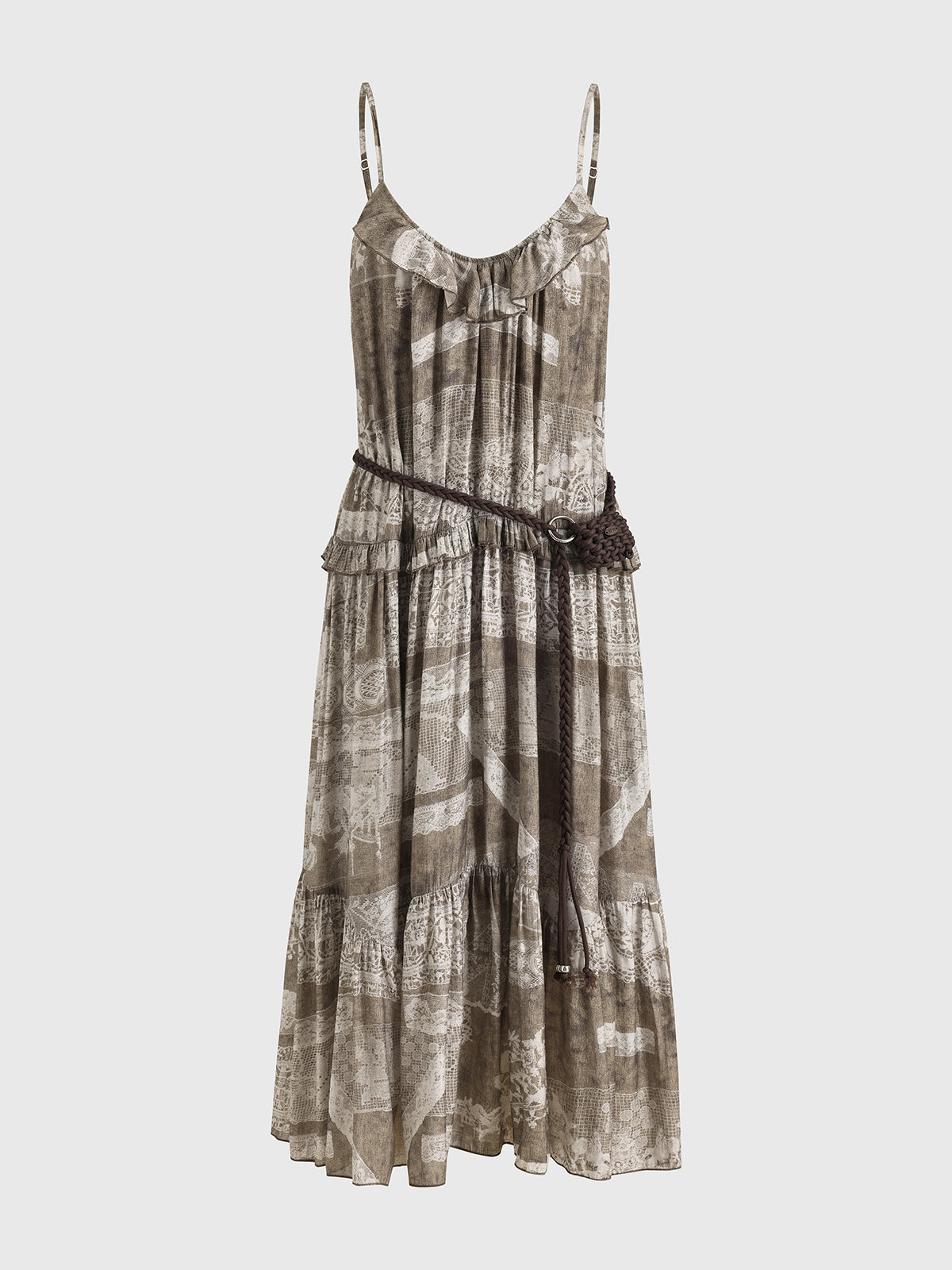 Dolled Office Draped Graphic Ruched Maxi Dress - Coffee