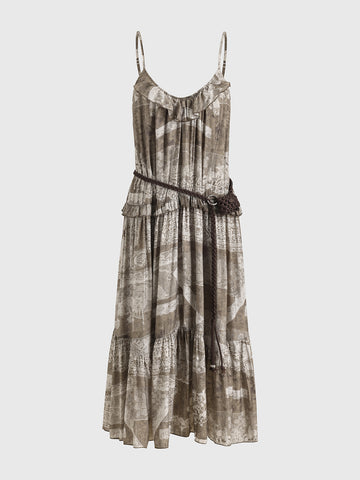 Dolled Office Draped Graphic Ruched Maxi Dress - Coffee