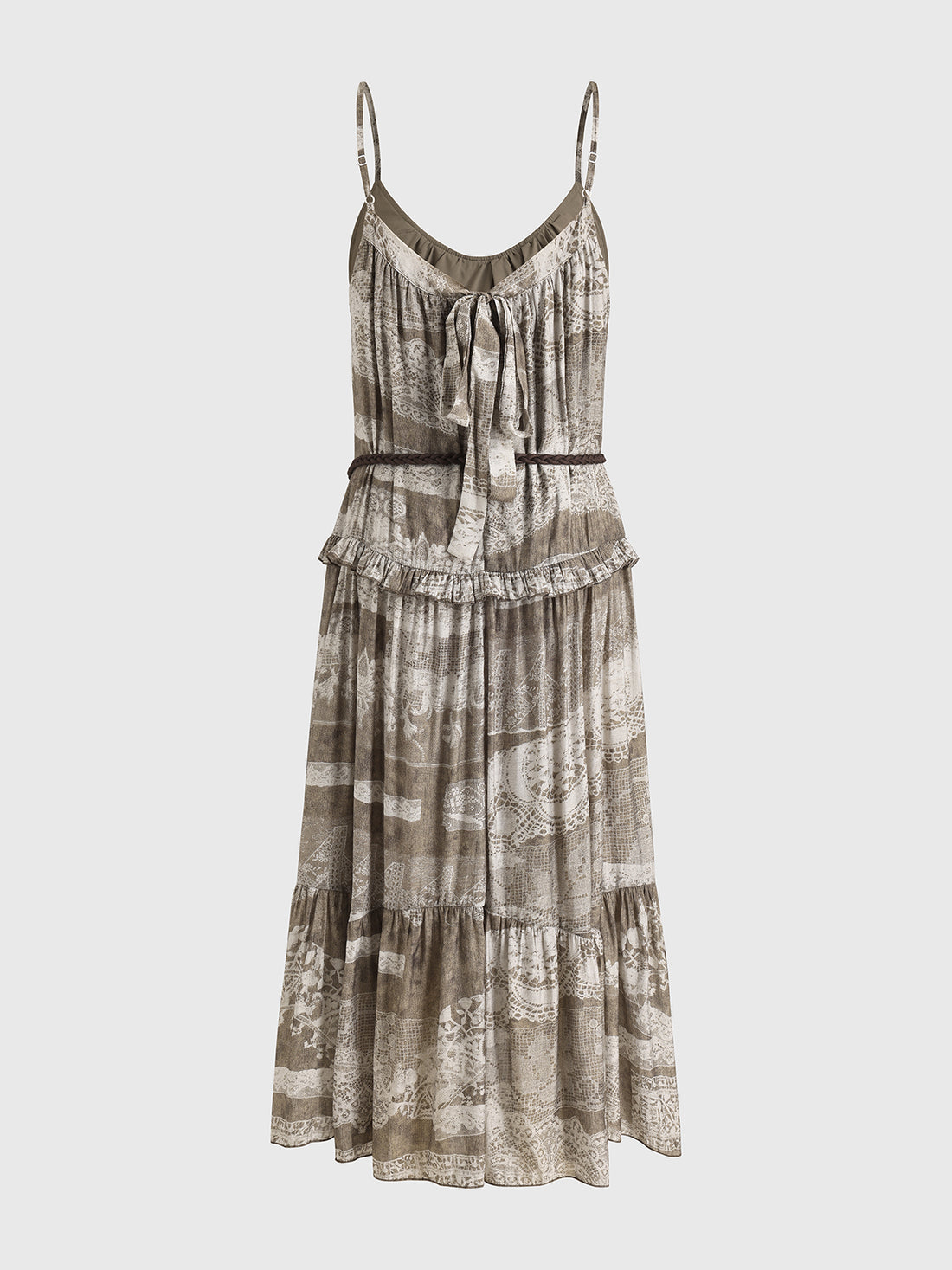 Dolled Office Draped Graphic Ruched Maxi Dress - Coffee