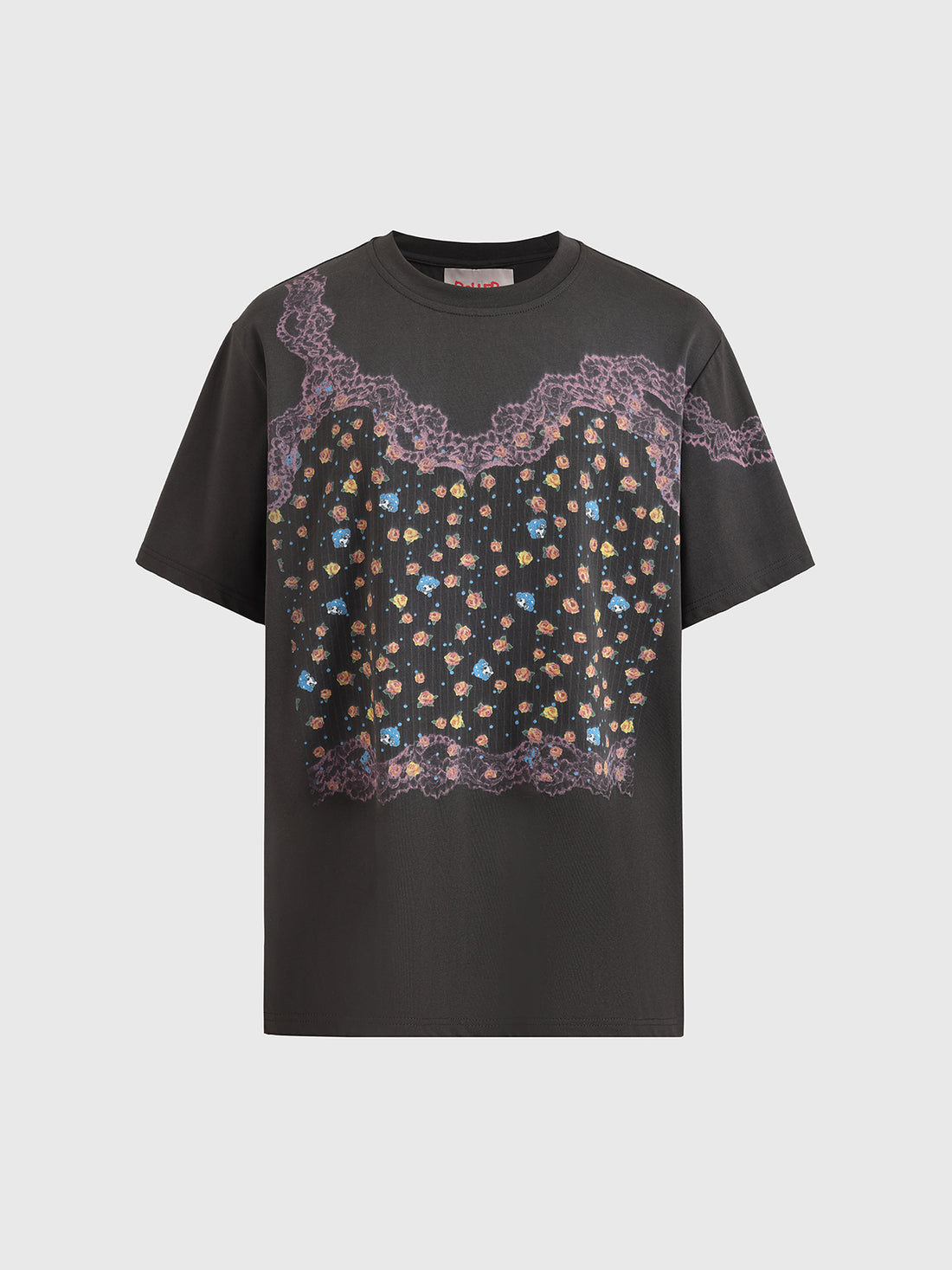 Brick Lane Baggy Butterfly Illustration Print Tee - Charcoal