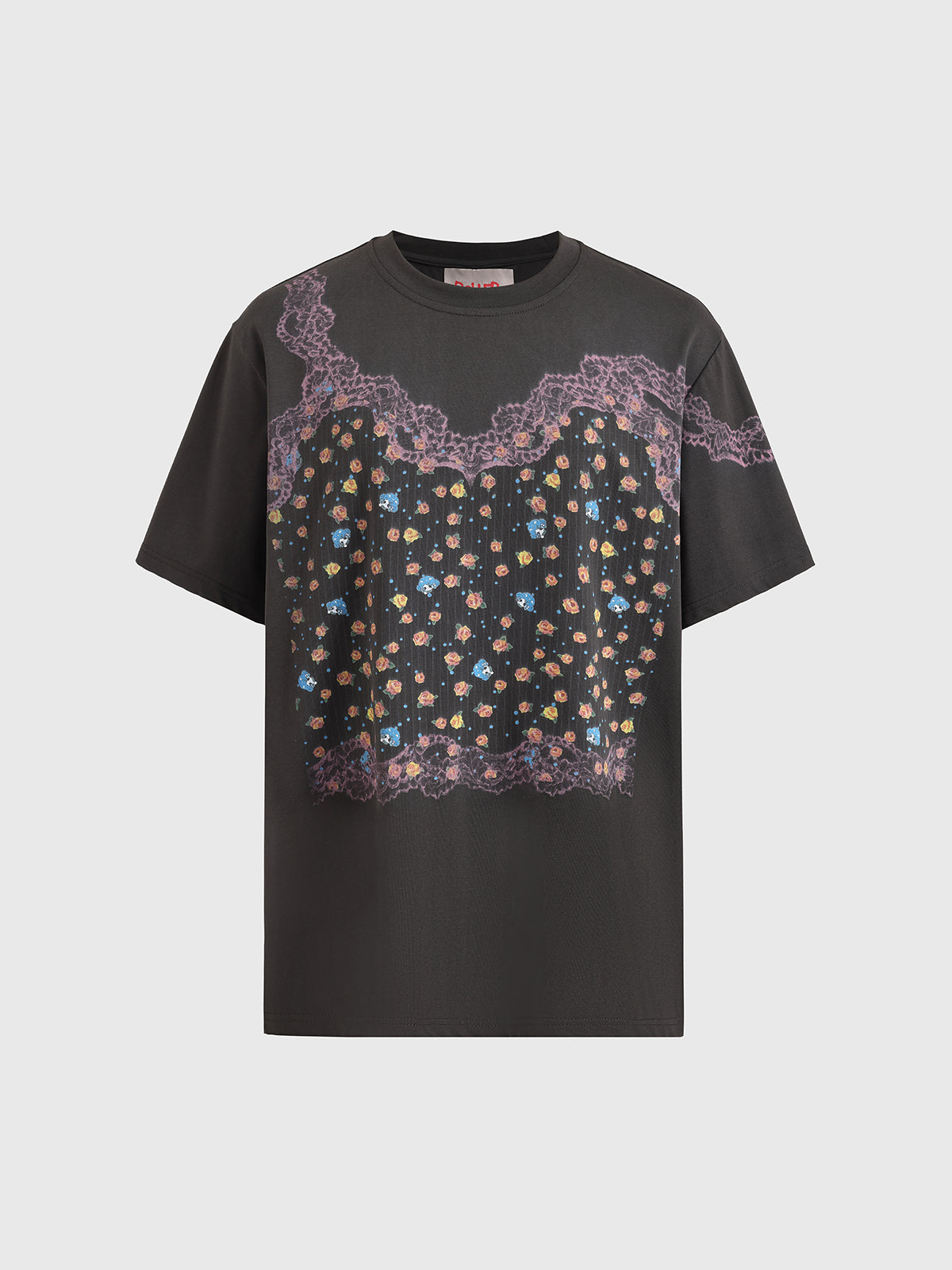 Brick Lane Baggy Butterfly Illustration Print Tee - Charcoal