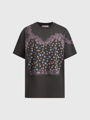Brick Lane Baggy Butterfly Illustration Print Tee - Charcoal