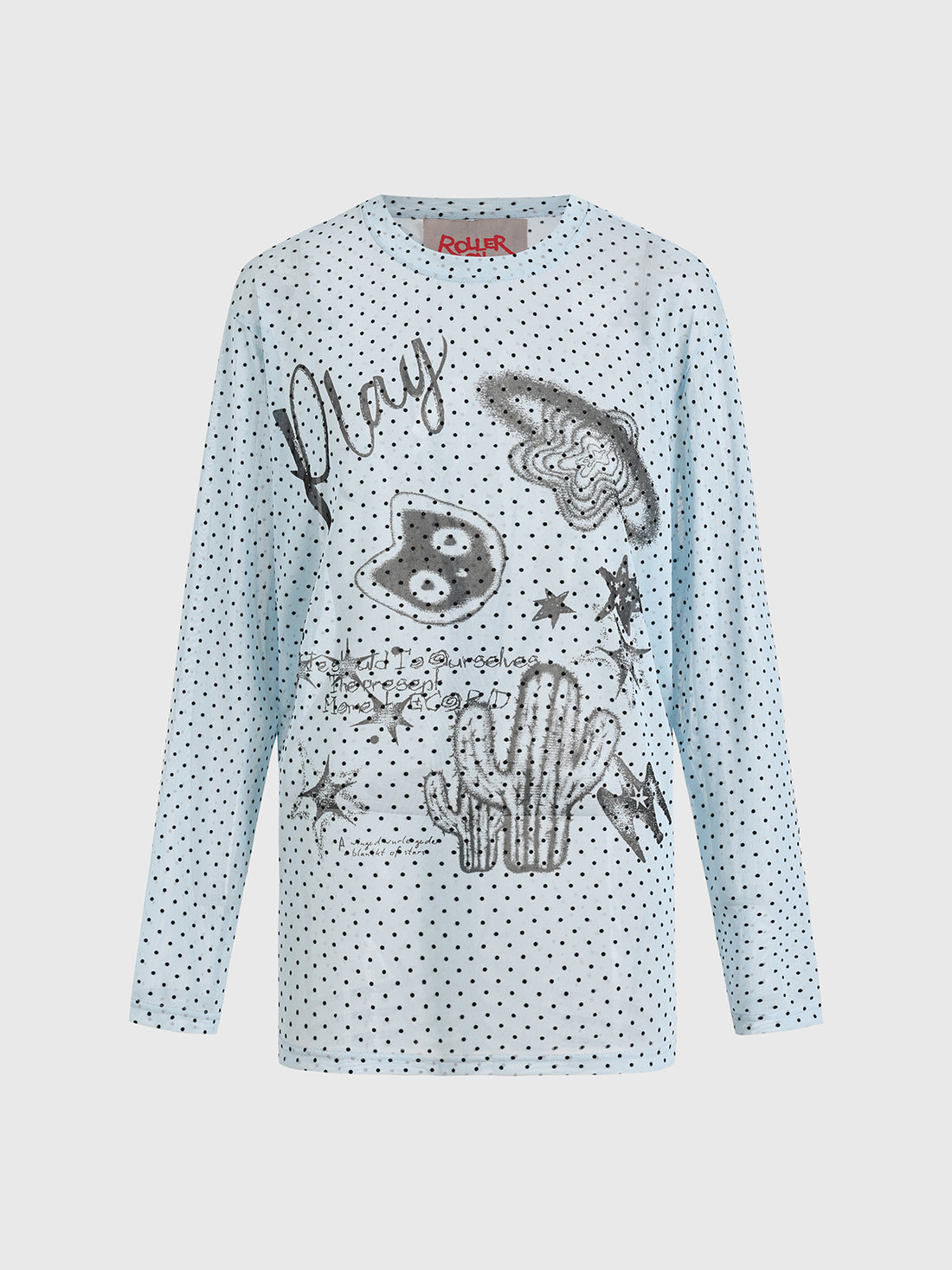 Brick Lane Mesh Dot Graphic Long Sleeve Top - Baby Blue