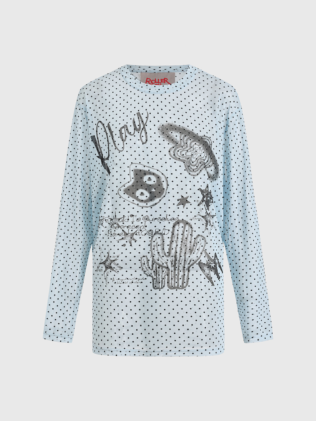 Brick Lane Mesh Dot Graphic Long Sleeve Top - Baby Blue
