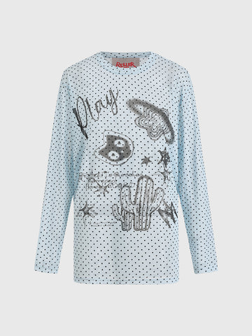 Brick Lane Mesh Dot Graphic Long Sleeve Top - Baby Blue