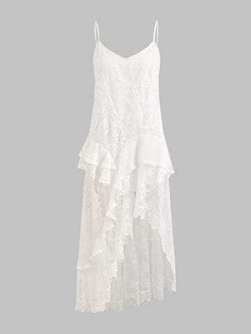 Dolled Office Lace Patchwork Flowy Maxi Dress - White