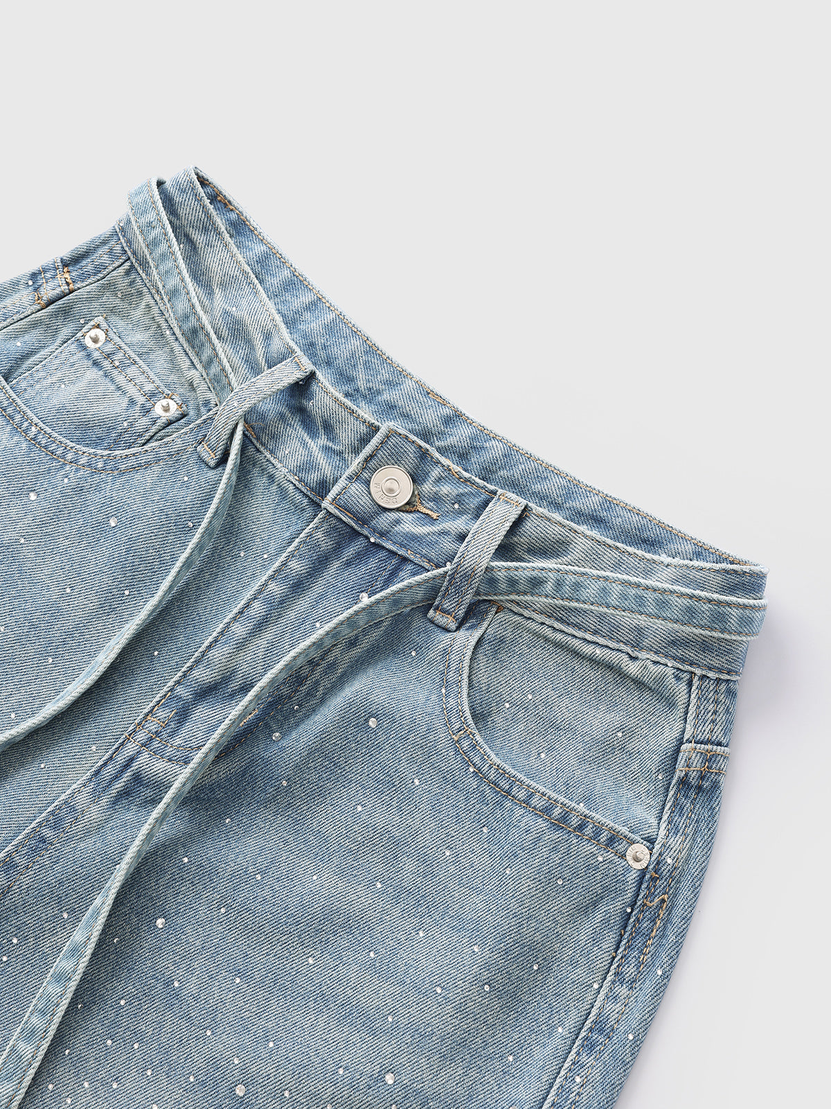 Brick Lane Wide-leg Rhinestone Studded Washed Jeans - Blue