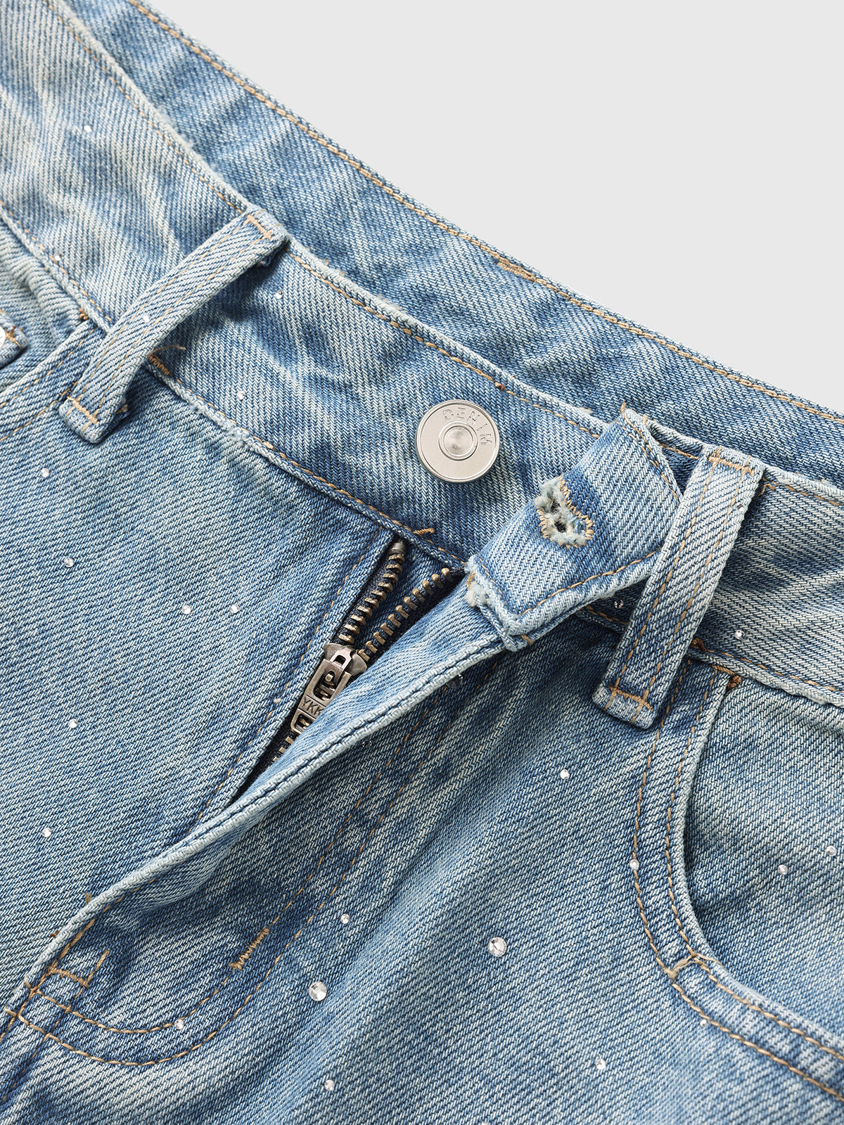 Brick Lane Wide-leg Rhinestone Studded Washed Jeans - Blue
