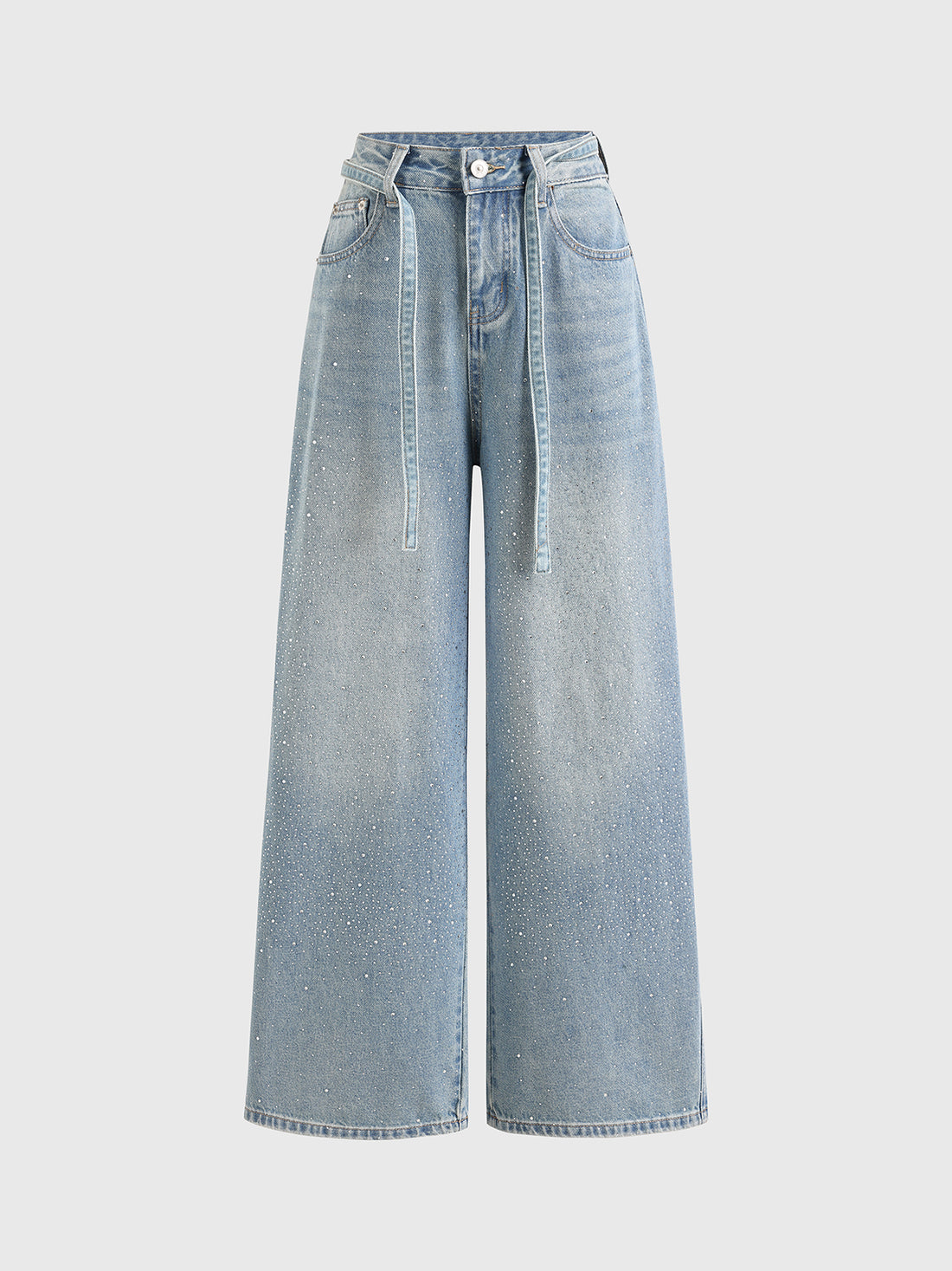 Brick Lane Wide-leg Rhinestone Studded Washed Jeans - Blue