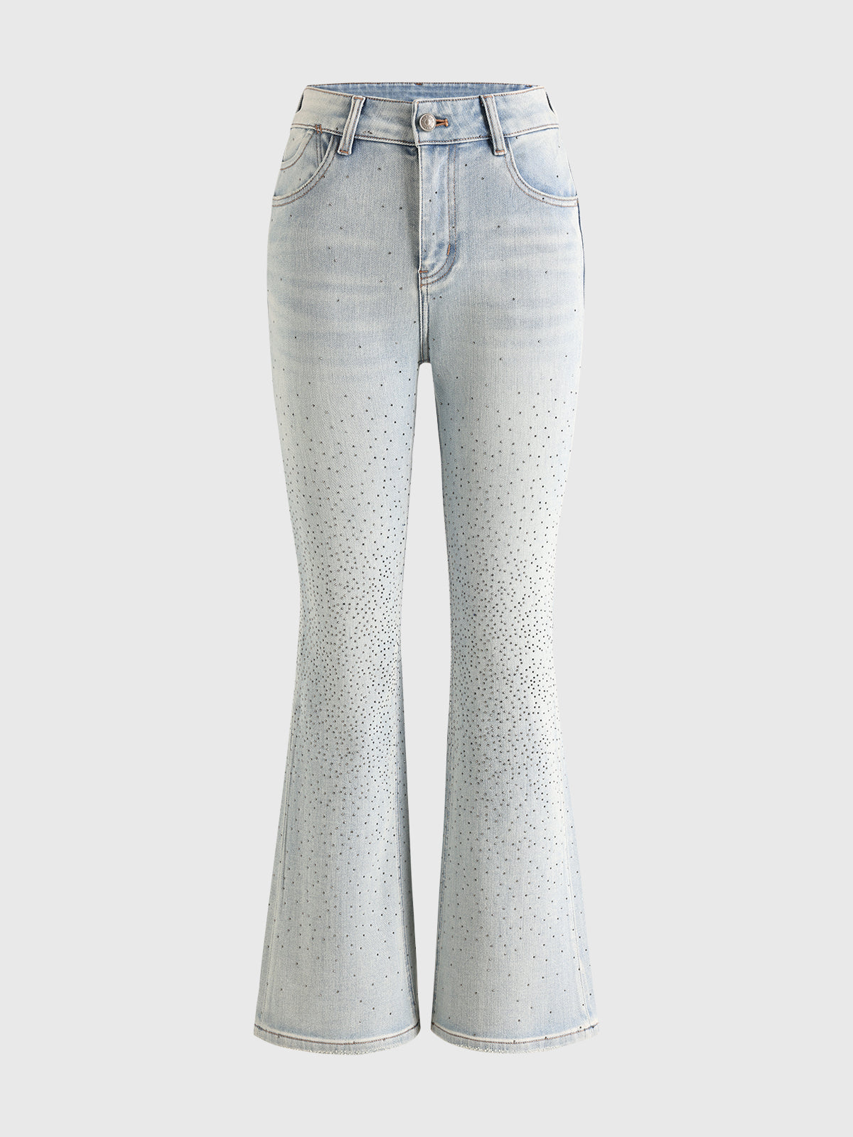 Brick Lane Flared Rhinestone All-over Print Jeans - Light Blue