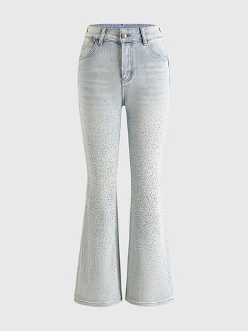 Brick Lane Flared Rhinestone All-over Print Jeans - Light Blue