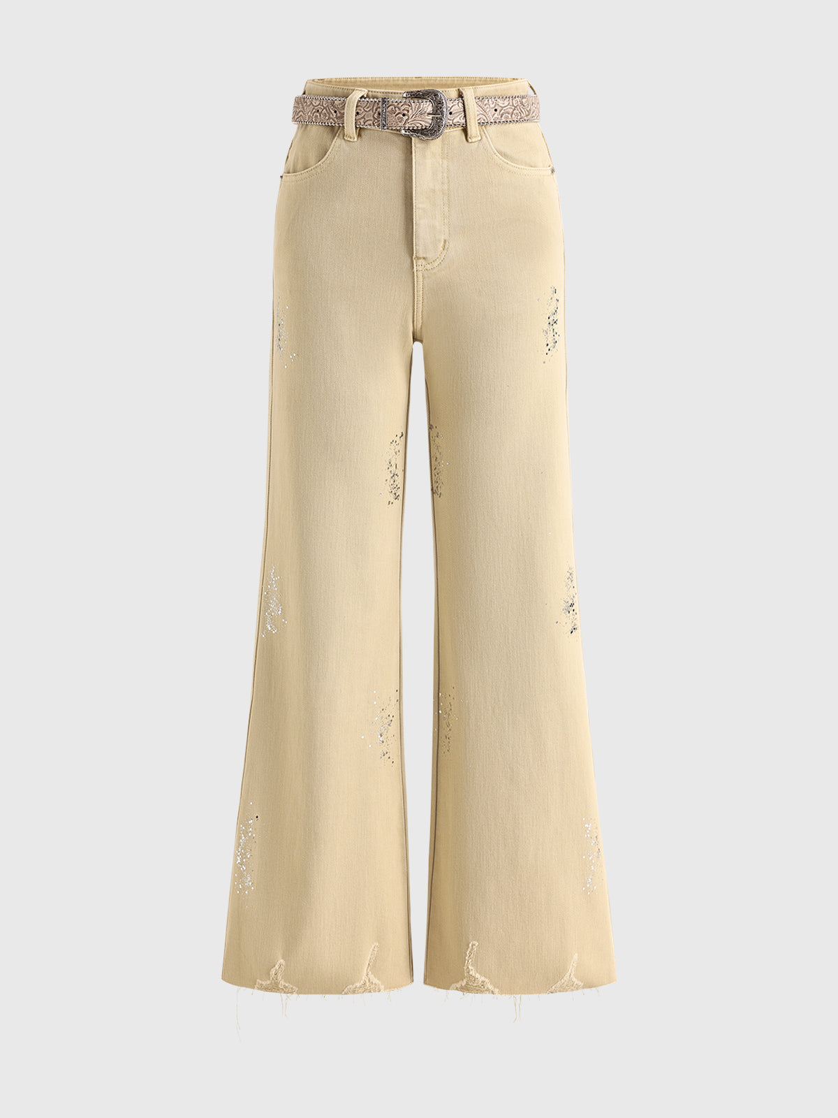 Brick Lane Flared Rhinestone Studded Utility Pants - Khaki