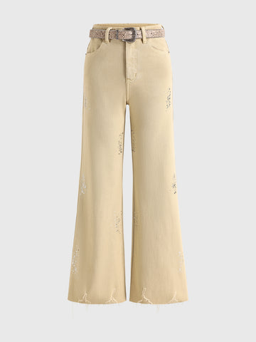 Brick Lane Flared Rhinestone Studded Utility Pants - Khaki