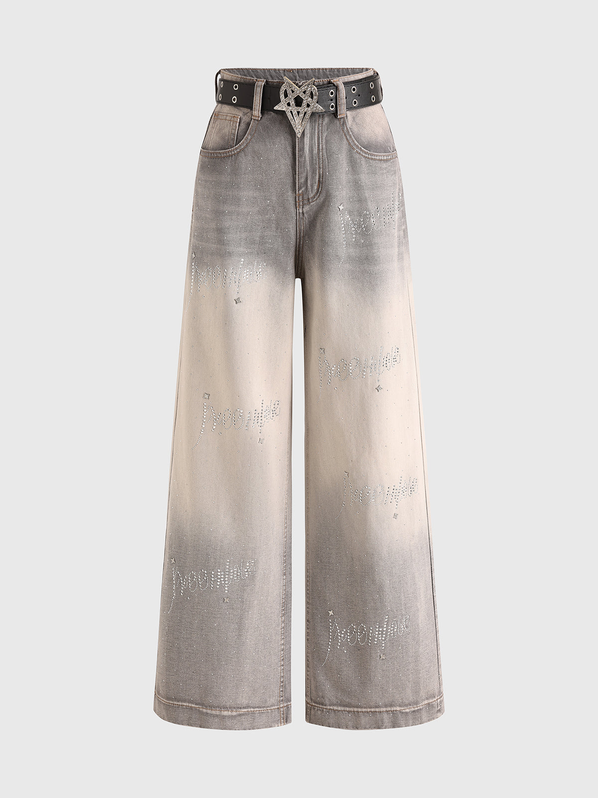 Brick Lane Wide-leg Gradient Rhinestone Studded Jeans - Grey/Blue