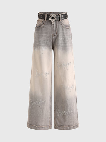 Brick Lane Wide-leg Gradient Rhinestone Studded Jeans - Grey/Blue