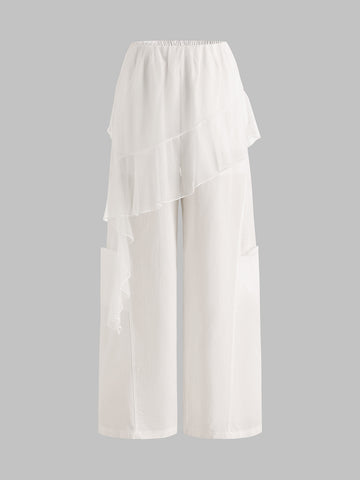 Brick Lane Layered-look Mesh Patchwork Wide-leg Pants - White