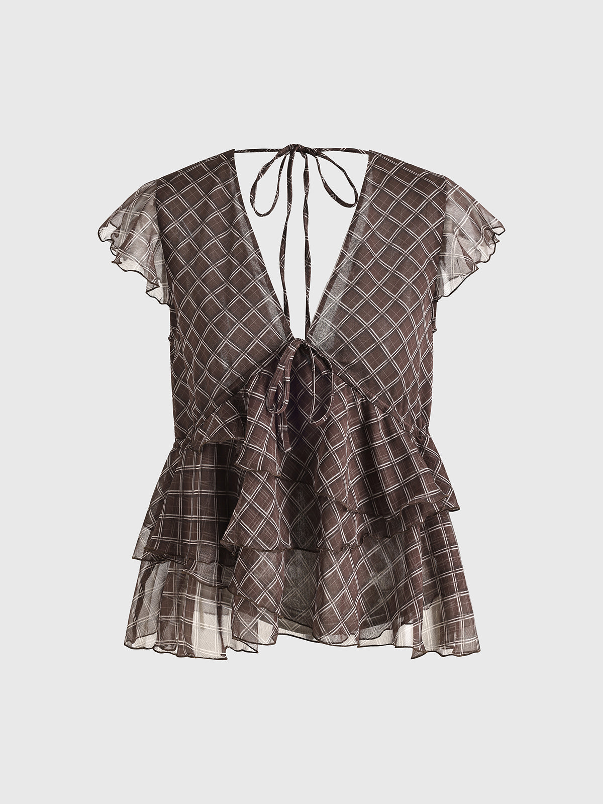 Brick Lane V-neck Mesh Check Ruffled Peplum Top - Brown