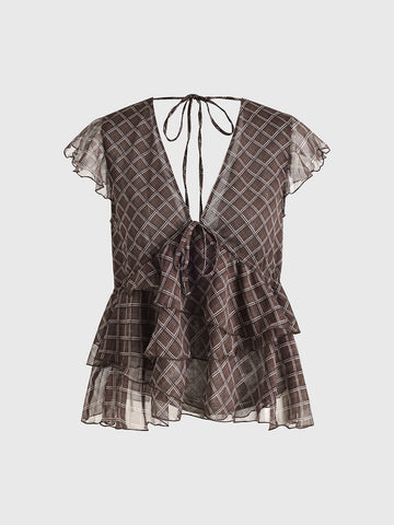 Brick Lane V-neck Mesh Check Ruffled Peplum Top - Brown