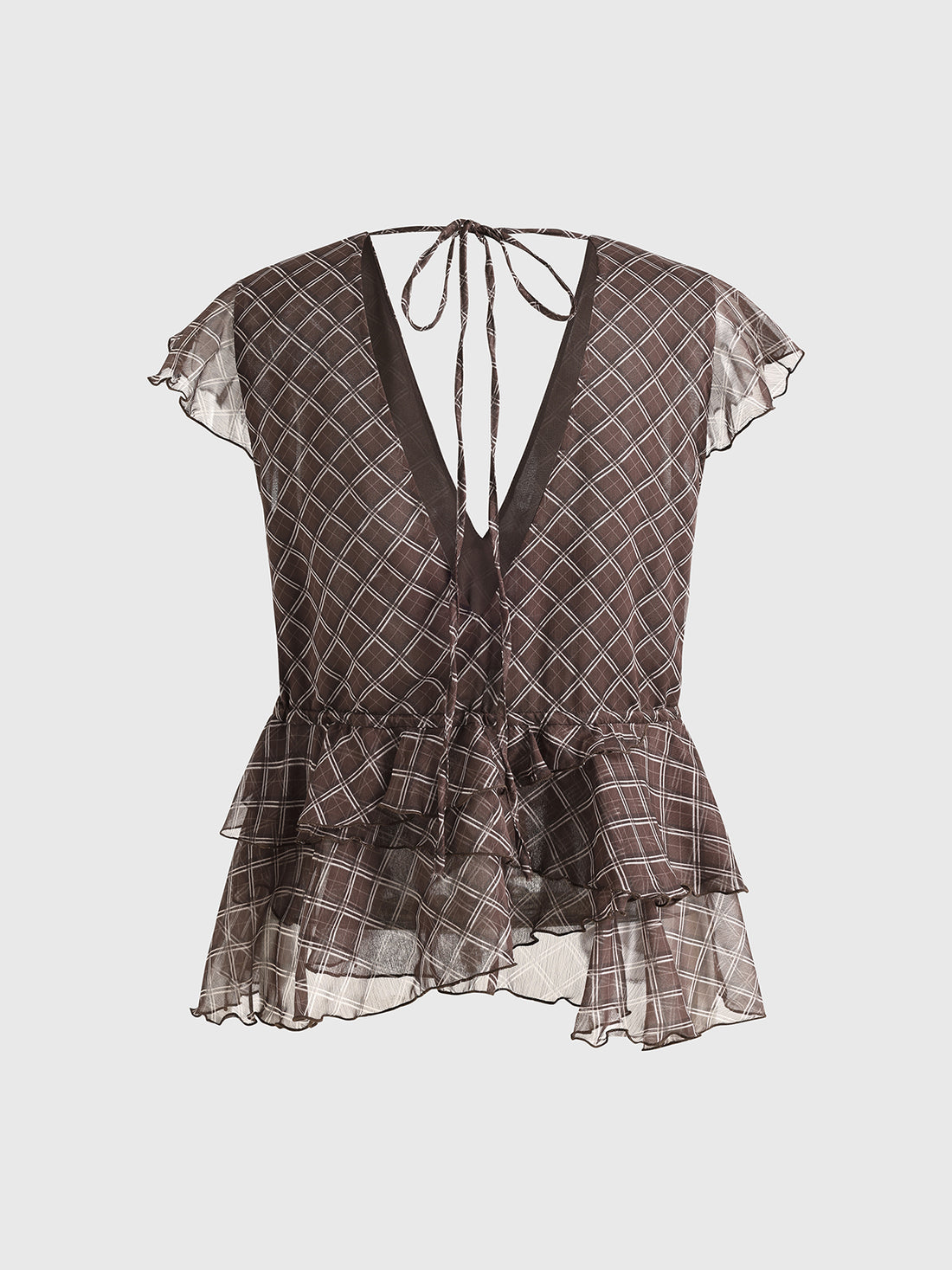 Brick Lane V-neck Mesh Check Ruffled Peplum Top - Brown