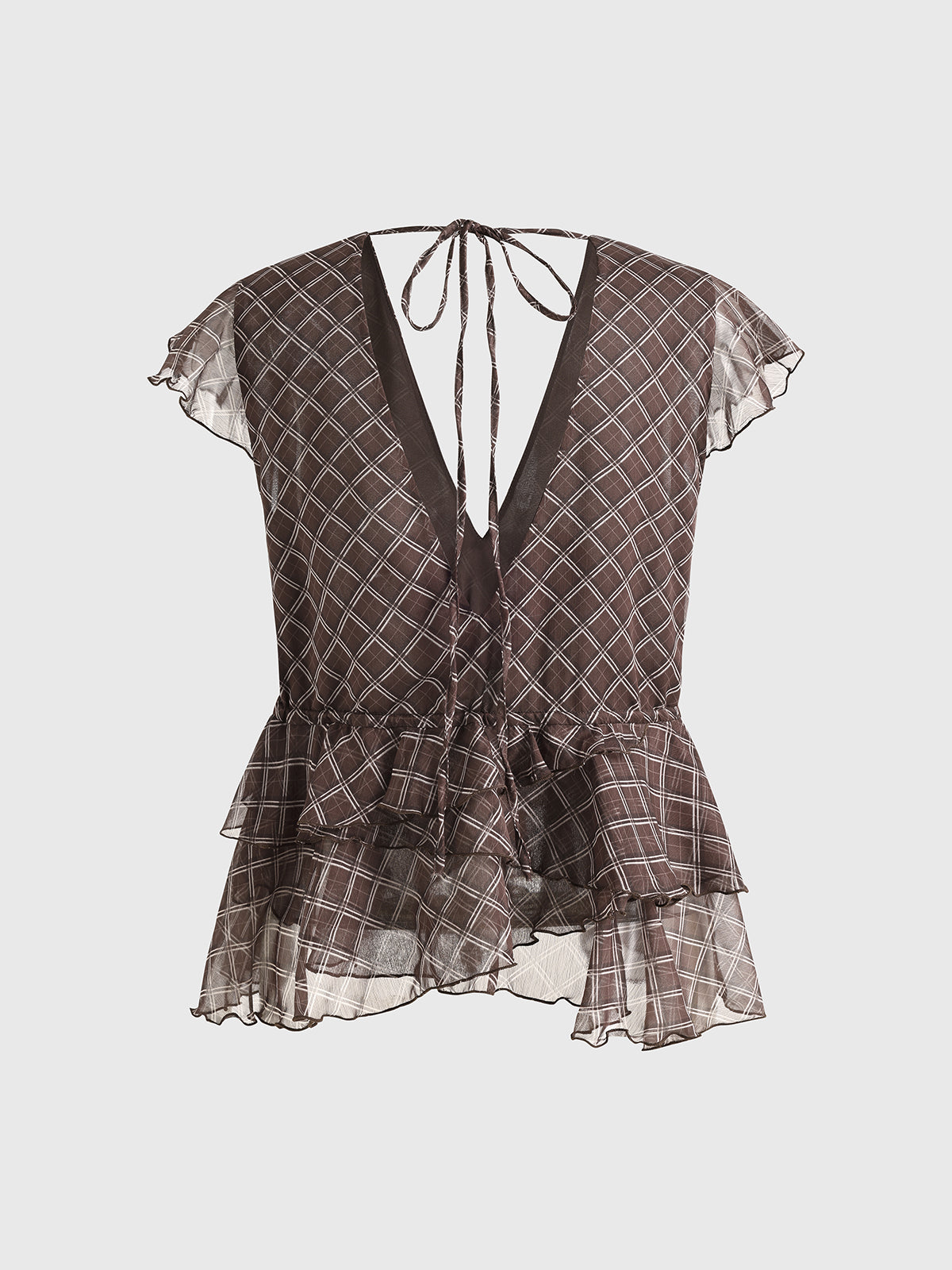 Brick Lane V-neck Mesh Check Ruffled Peplum Top - Brown