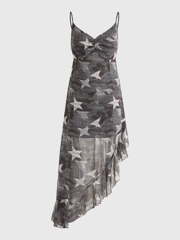 Brick Lane Star Mesh Asymmetric Hem Maxi Dress - Grey