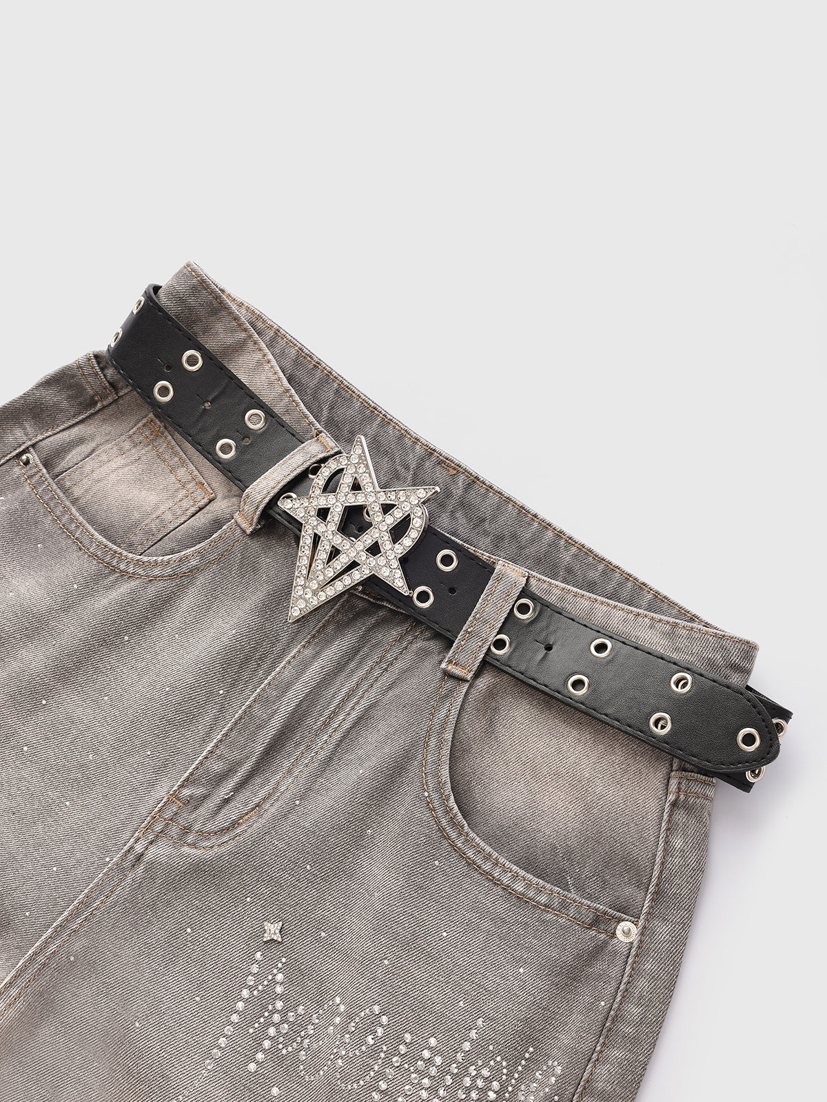 Brick Lane Wide-leg Gradient Rhinestone Studded Jeans - Grey/Blue