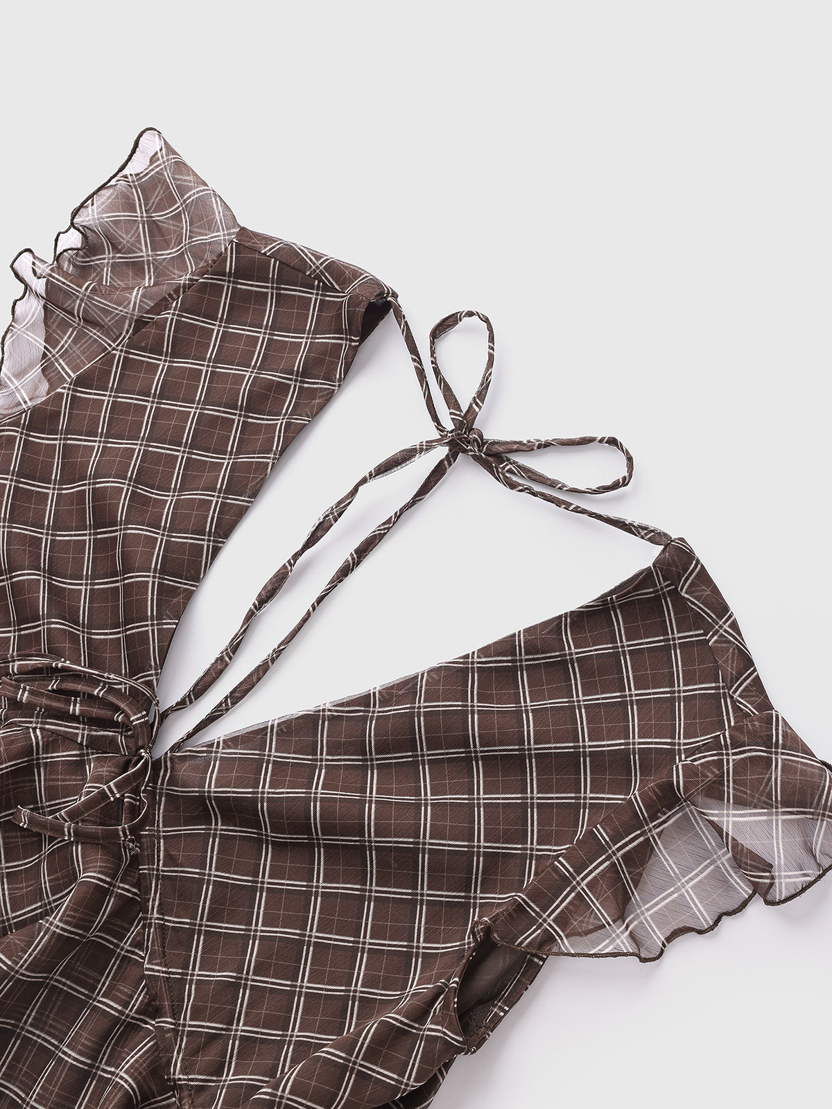 Brick Lane V-neck Mesh Check Ruffled Peplum Top - Brown