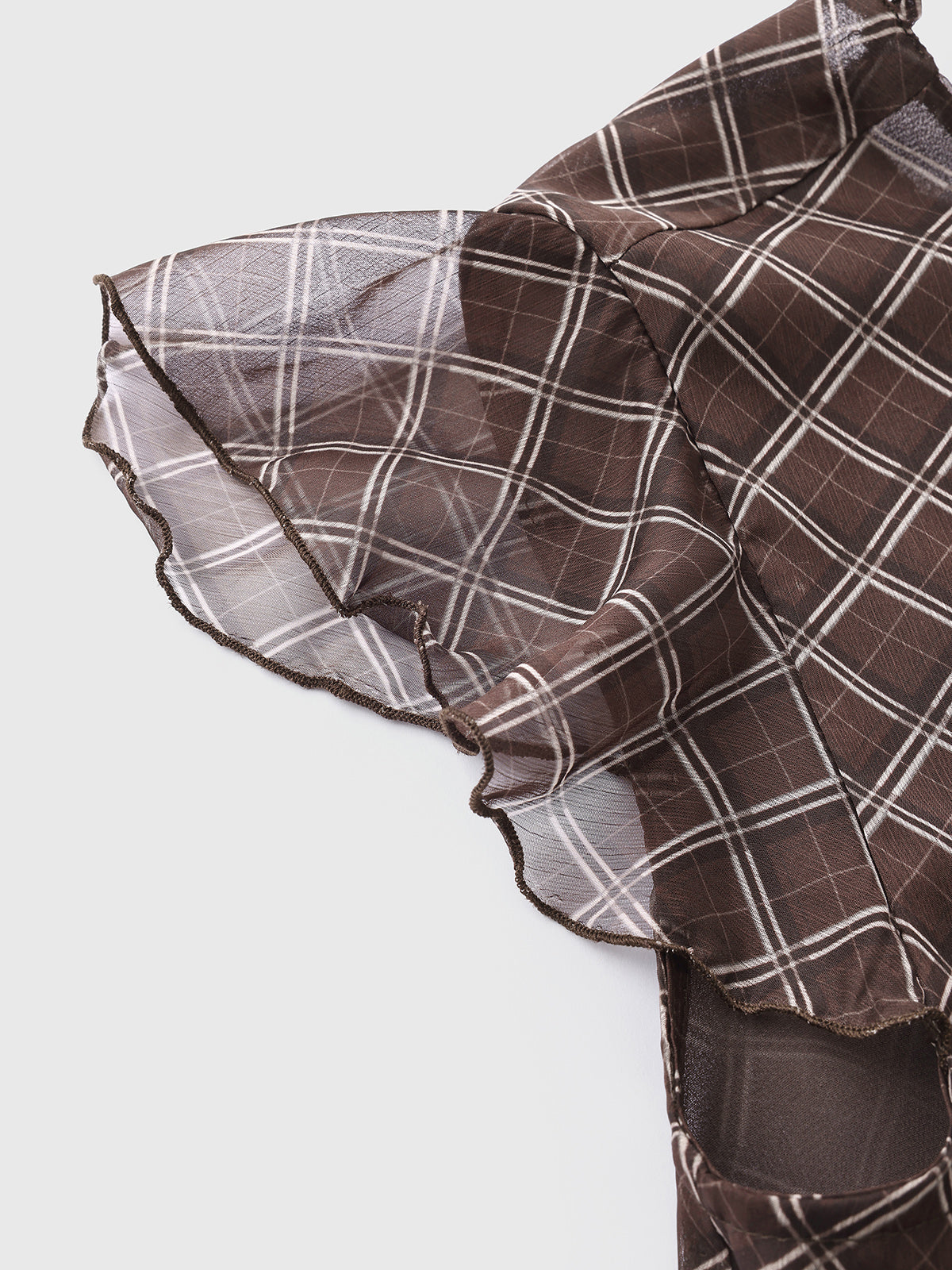 Brick Lane V-neck Mesh Check Ruffled Peplum Top - Brown