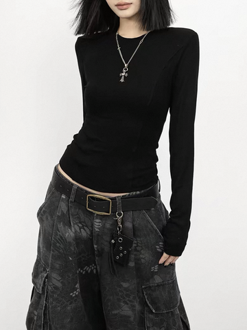 Co-ed Dorm Skimming Graphic Print Long Sleeve Top - Black