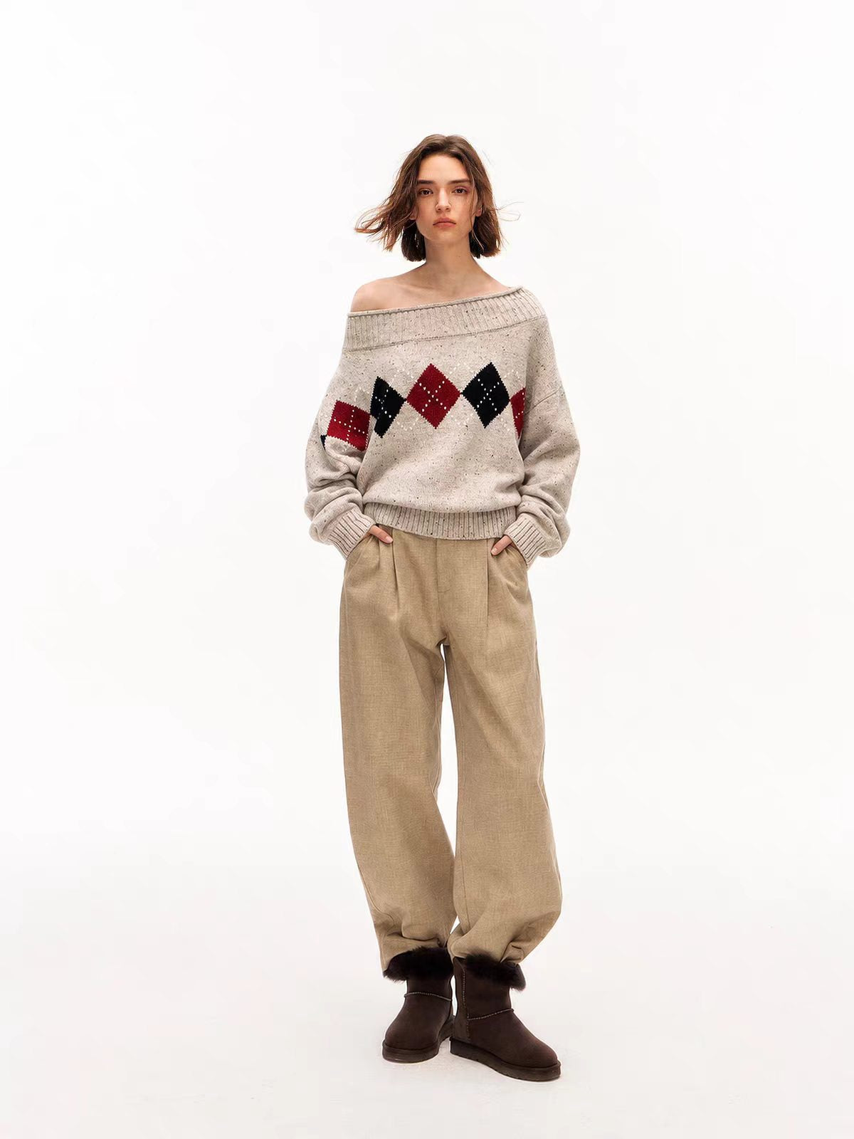 Brick Lane Off-Shoulder Argyle Pattern Knit Sweater - Oatmeal