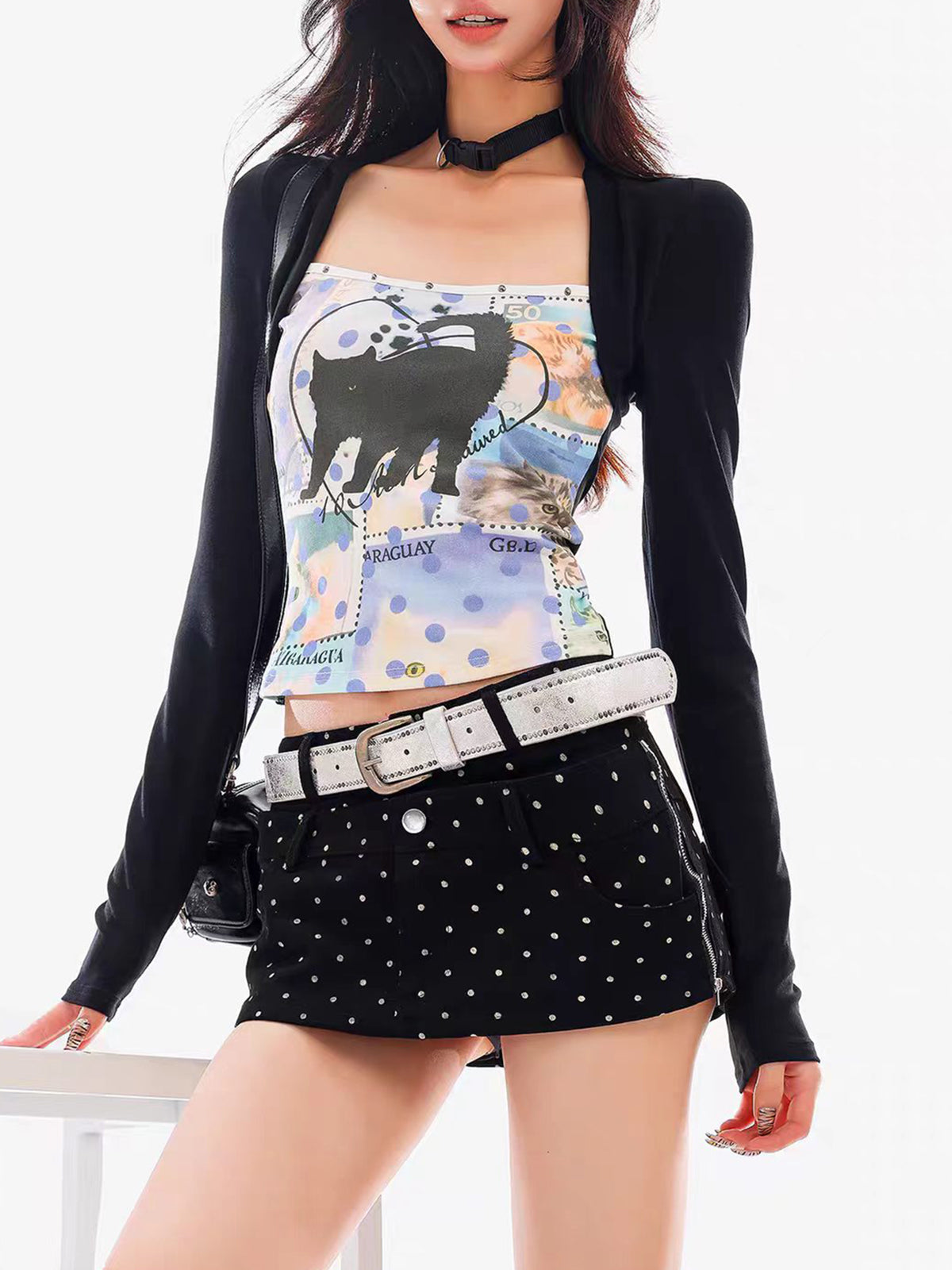 Brick Lane Skimming Graphic Print Shrug Two-Piece Crop Top - Black