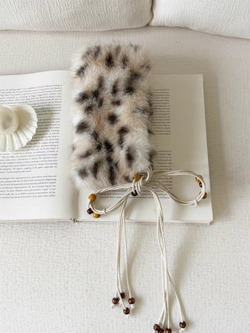 Brick Lane Leopard Faux Fur Tie-Front Collar Scarf - Beige