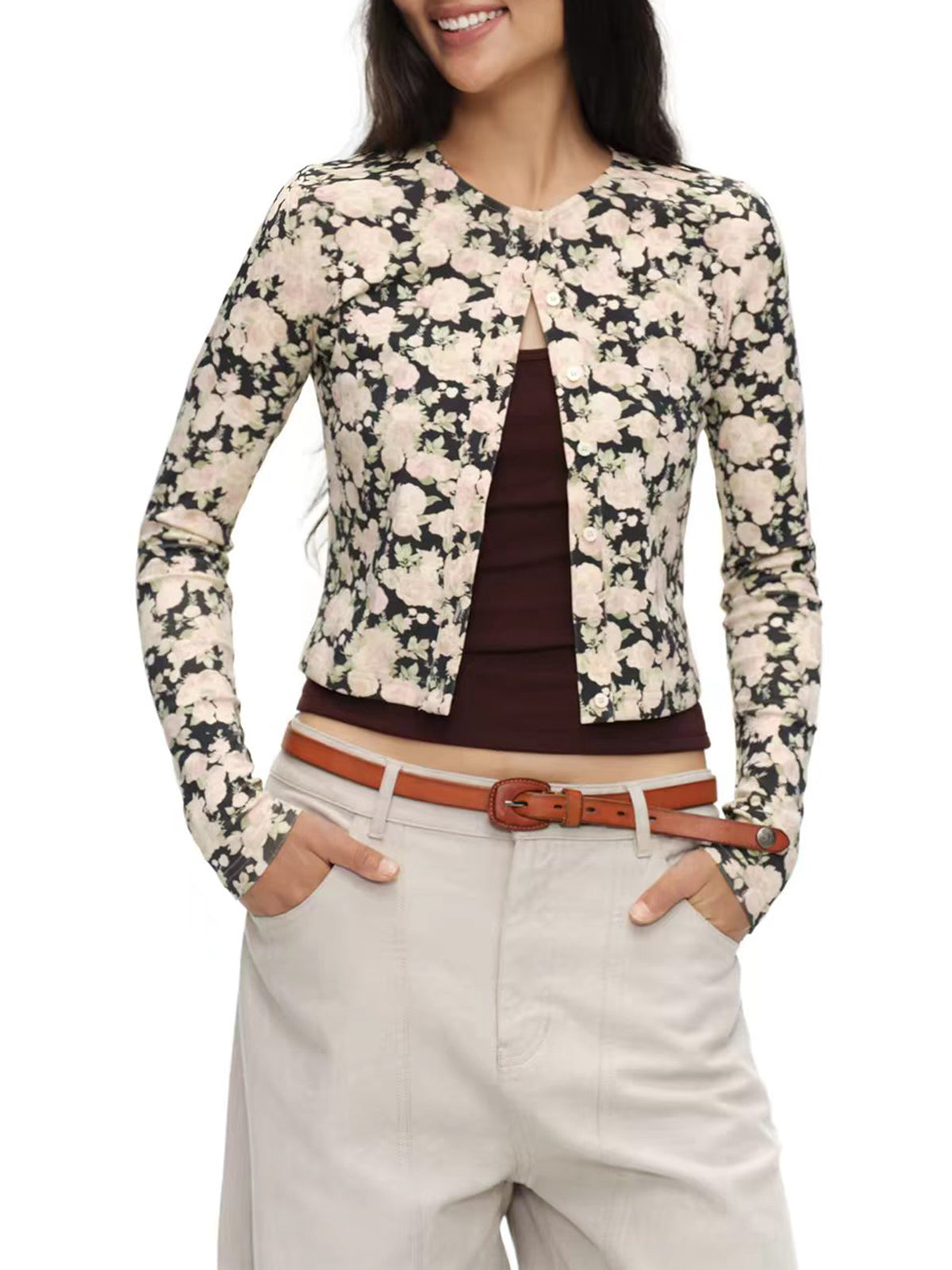 Brick Lane Cropped Camouflage Long Sleeve Knit Tee - Brown