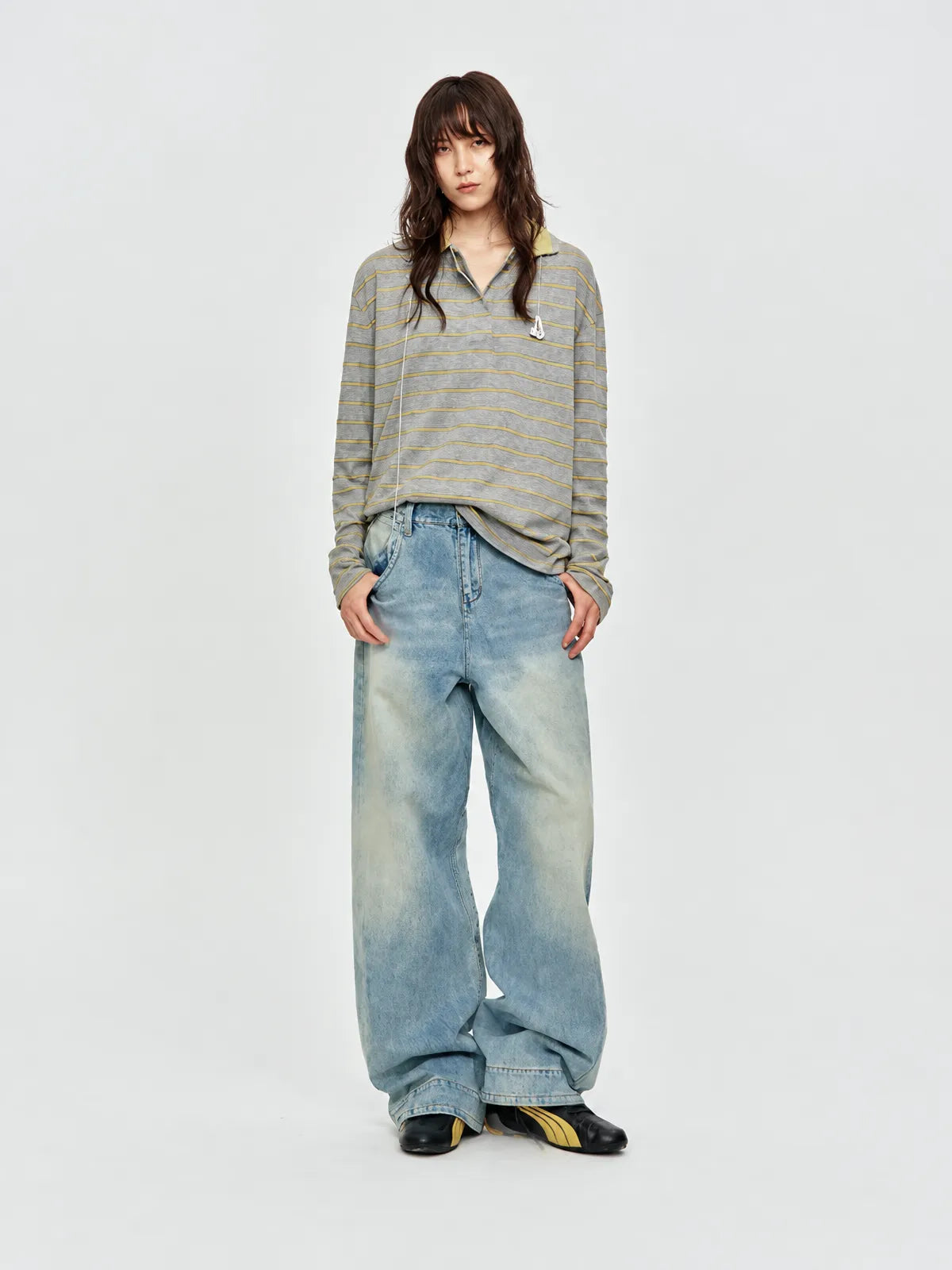 Brick Lane Striped Polo Collar Long Sleeve Sweatshirt - Grey