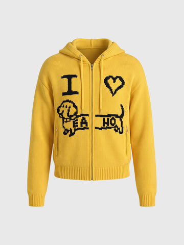 Co-ed Dorm Baggy Heart Print Zip-up Hoodie - Yellow