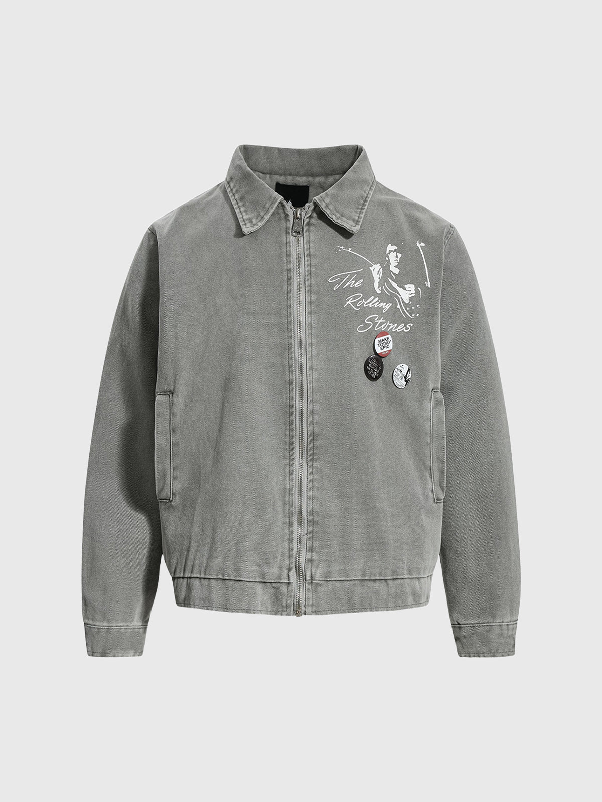 Co-ed Dorm Baggy Washed Floral Graphic Denim Jacket - Grey