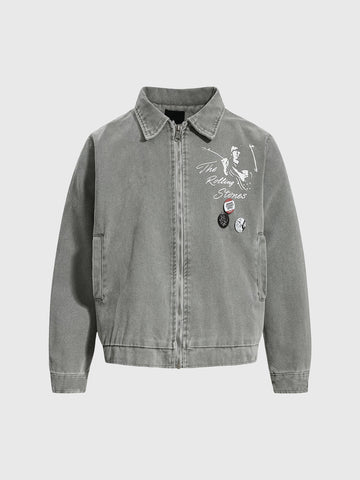 Co-ed Dorm Baggy Washed Floral Graphic Denim Jacket - Grey