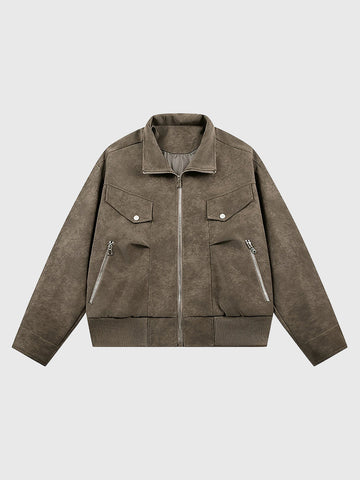 Co-ed Dorm Baggy Leather Distressed Jacket - Brown